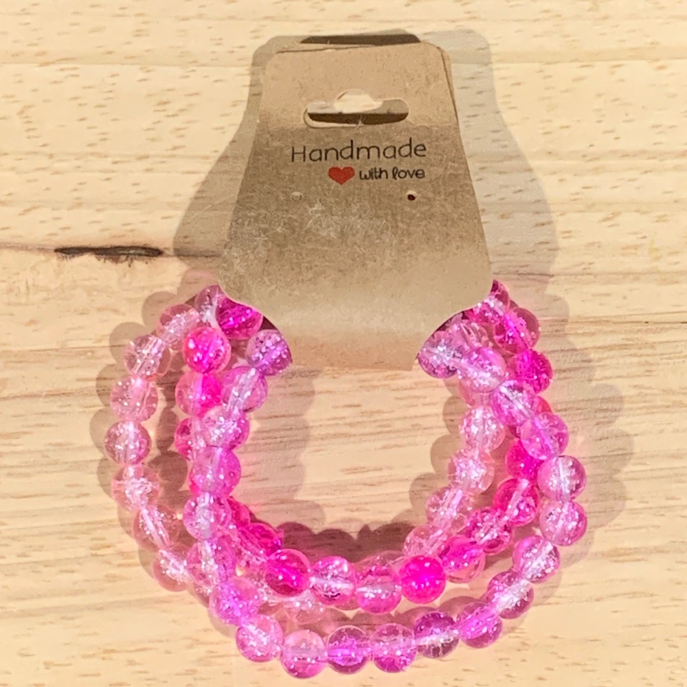 Handmade Beaded Bracelet Women OS 3PC Pink Magenta Crackle Glass Style Y2K Boho